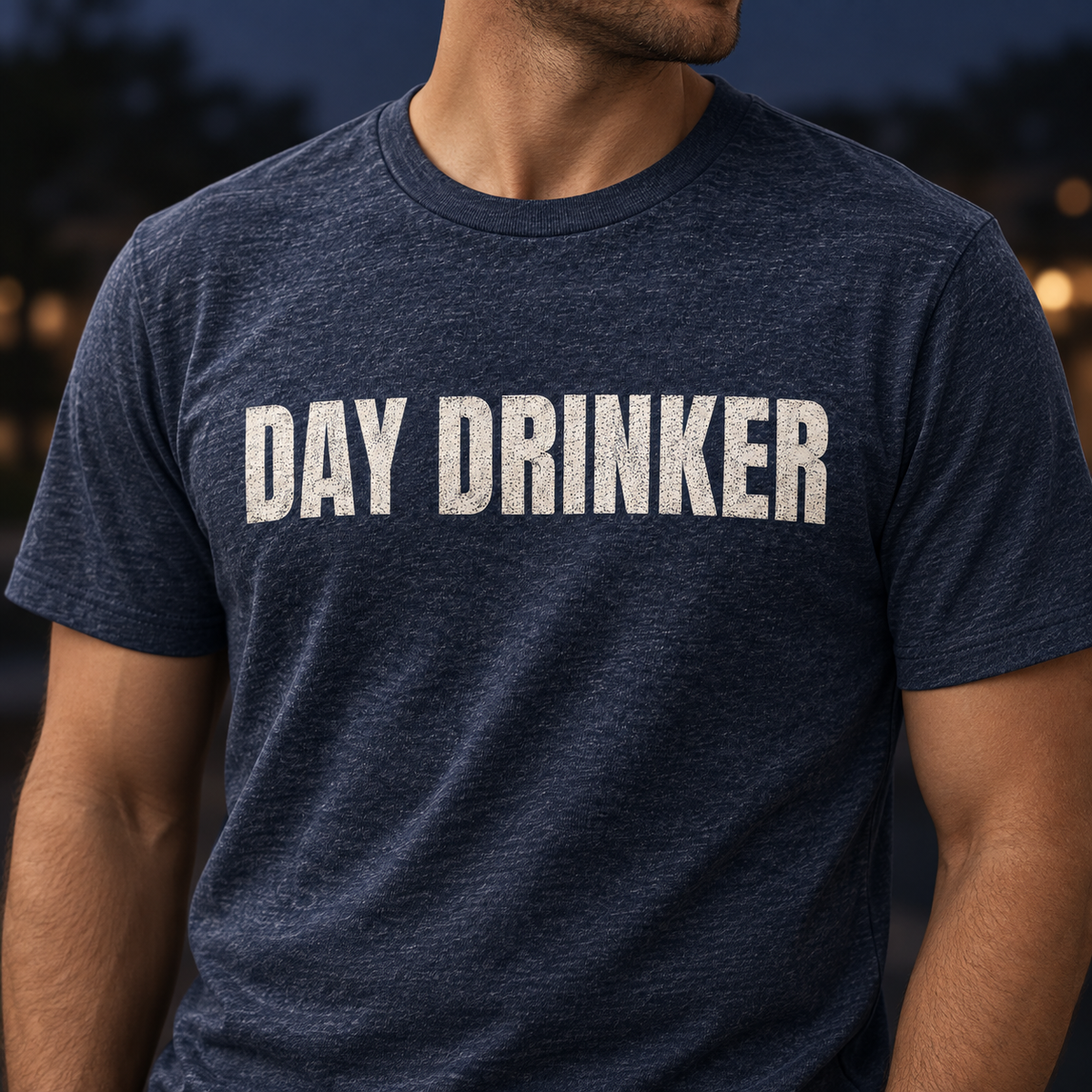 Navy Day Drinker T-shirt close-up at night